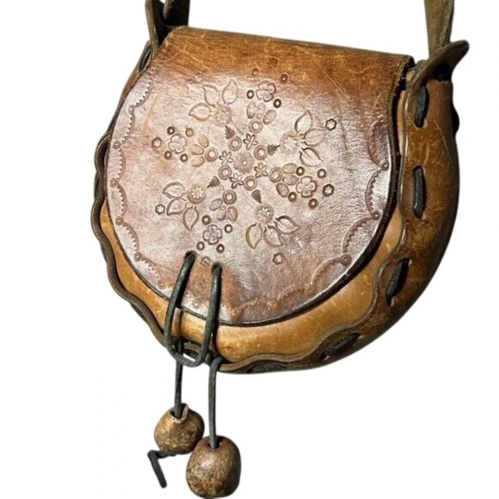 Vintage Handmade Tooled Leather Crossbody Bag Floral Boho Festival Western Purse